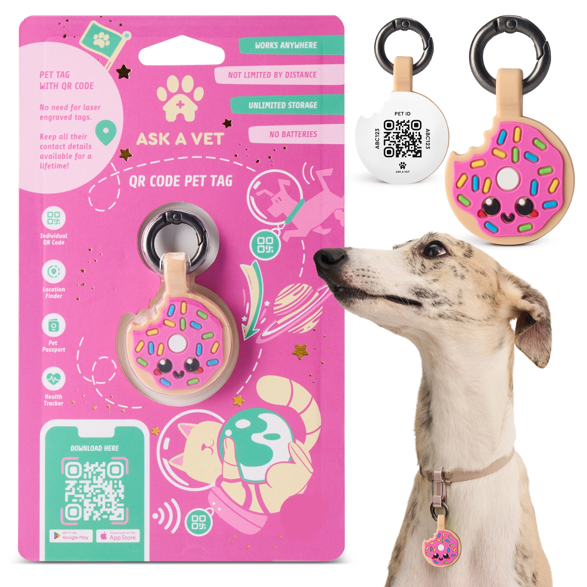 ASK A VET Donut Pet ID Tag – Pink Icing & Rainbow Sprinkles – NFC & QR Code Silicone Dog & Cat Tag – Hanging & Slide-On Digital Smart Tag – Waterproof