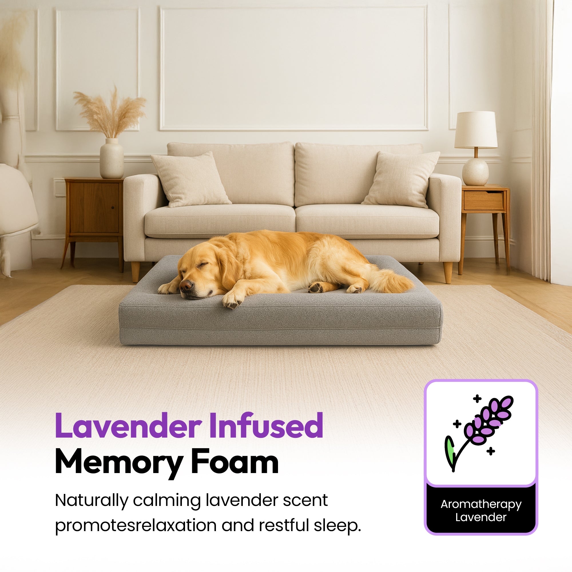Orthopedic Range Lavender Memory Foam Dog & Cat Bed – Calming Bouclé Sofa Bed with Washable Cover – Joint Support & Anxiety Relief (Cream, Black, Grey)