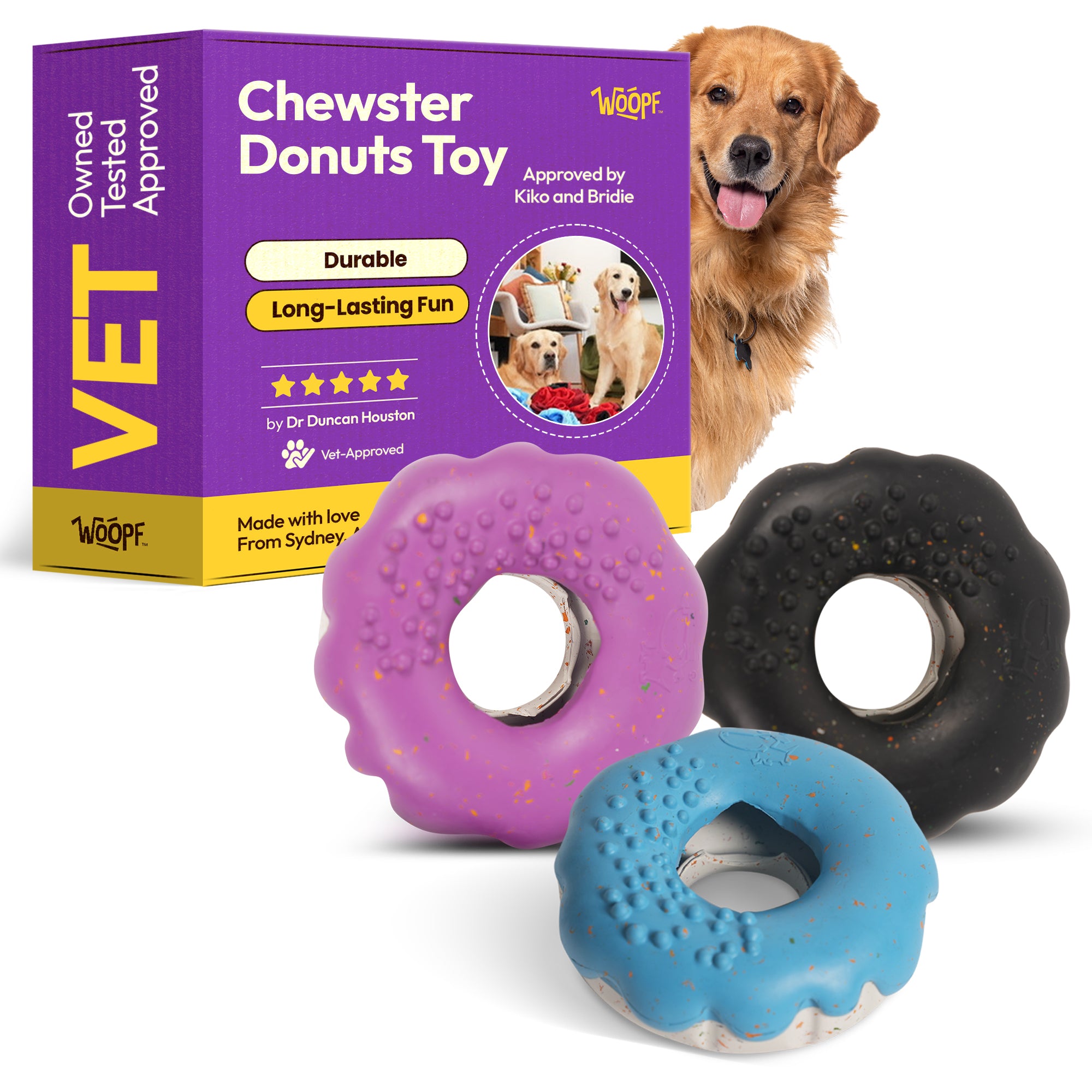 Chewsters Donut – Durable Eco-Friendly Dog Chew Toy with Treat Hole – Food-Safe Rubber, Bouncy Design, 3 Strength Levels