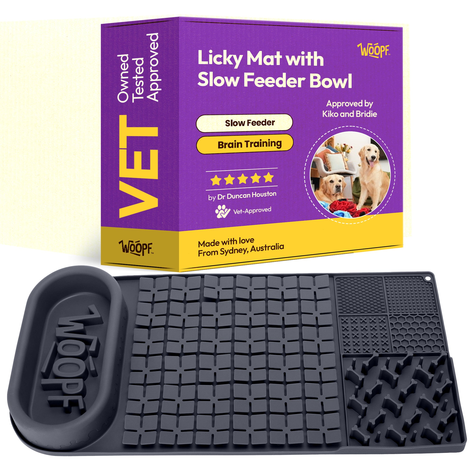 Grey Licky Bowl Mat – Slow Feeder Dog Bowl & Interactive Food Mat – Food-Grade Silicone, Lick Zones & Suction Cups