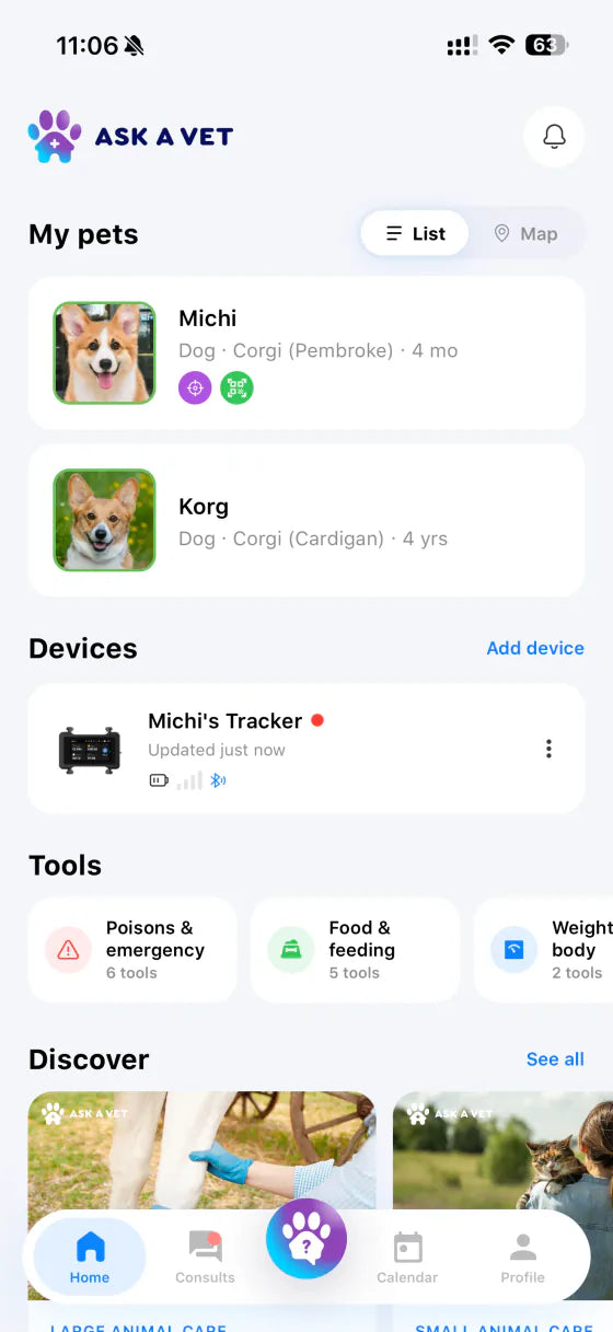 ASK A VET app home screen showing pets, tracker and tools