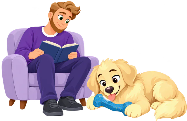 A man in a purple jumper reads in an armchair while a golden retriever puppy lies at his feet working on a stuffed Blue Blocky Bone.