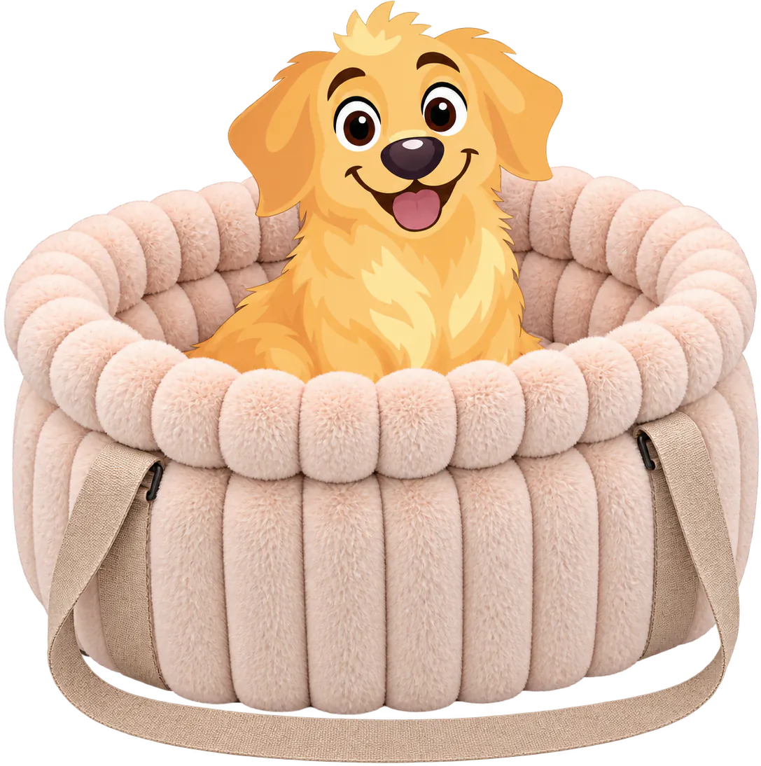 Illustrated golden retriever puppy sitting up in a pale pink WOOPF™ Corduroy Calming Dog Carrier, its head over the padded rim