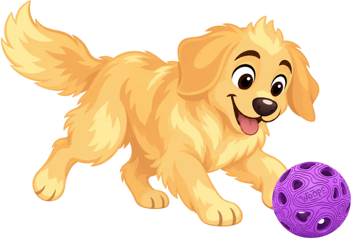 Illustrated golden retriever puppy bounding after a purple MeteorBite Ball