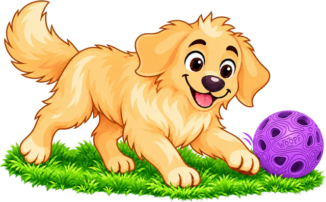 Illustrated golden retriever puppy running across grass after a purple MeteorBite Ball