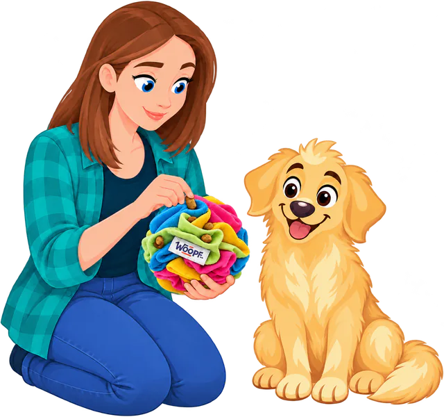 Illustrated woman kneeling and tucking kibble into the folds of a Snuffle Ball With Crackles, a golden retriever watching