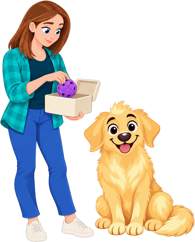 Illustrated woman putting a purple MeteorBite Ball away in a box, a golden retriever sitting beside her