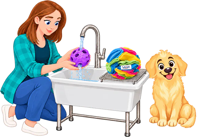Illustrated woman rinsing a purple MeteorBite Ball under a tap, a Snuffle Ball With Crackles drying on a rack beside the sink and a golden retriever watching