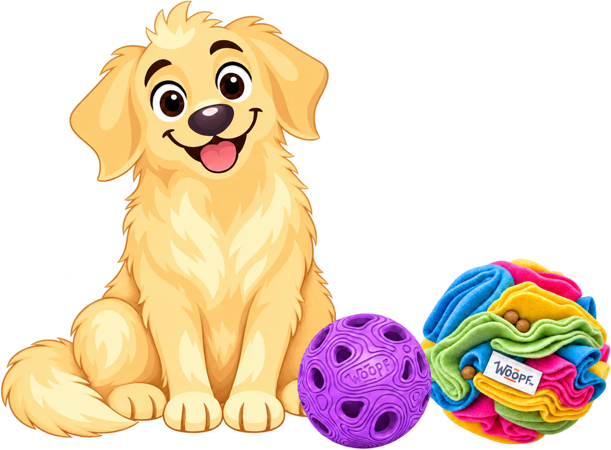 Illustrated golden retriever puppy sitting beside a purple MeteorBite Ball and a Snuffle Ball With Crackles