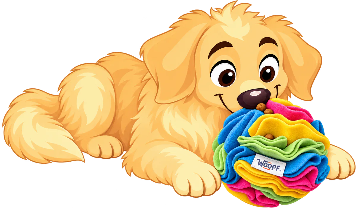 Illustrated golden retriever puppy lying down, nosing kibble out of the fleece folds of a Snuffle Ball With Crackles