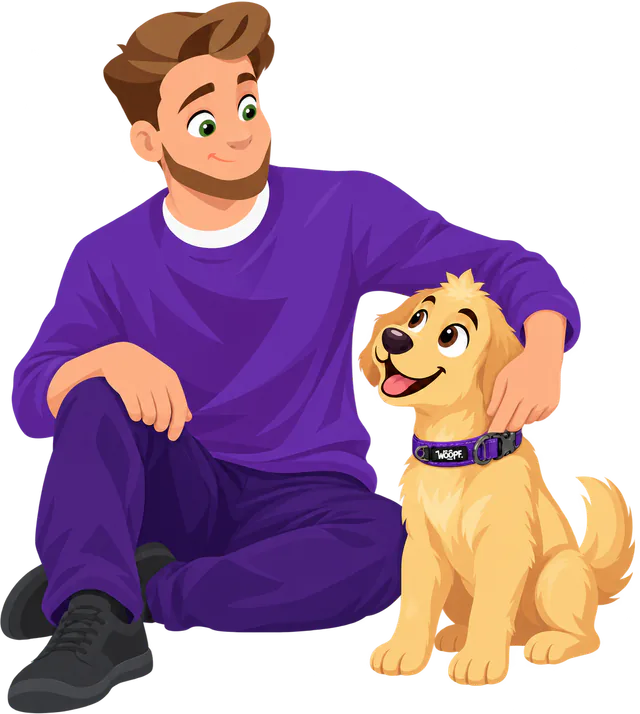 Illustrated man sitting on the ground beside a golden retriever, his fingers at the dog's purple Explorer Collar