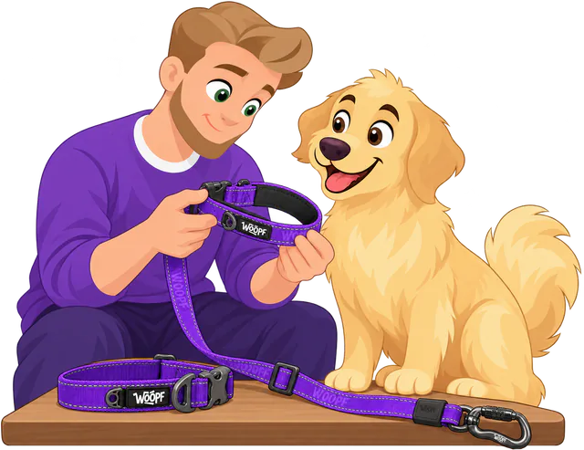 Illustrated man at a table checking the padded handle of a purple Explorer Adjustable Leash, the lead running to its locking clip beside a purple Explorer Collar, a golden retriever watching