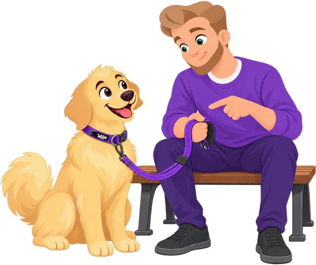Illustrated man on a bench holding the padded loop of a purple Explorer Adjustable Leash and pointing to it, the lead short to a golden retriever's purple Explorer Collar