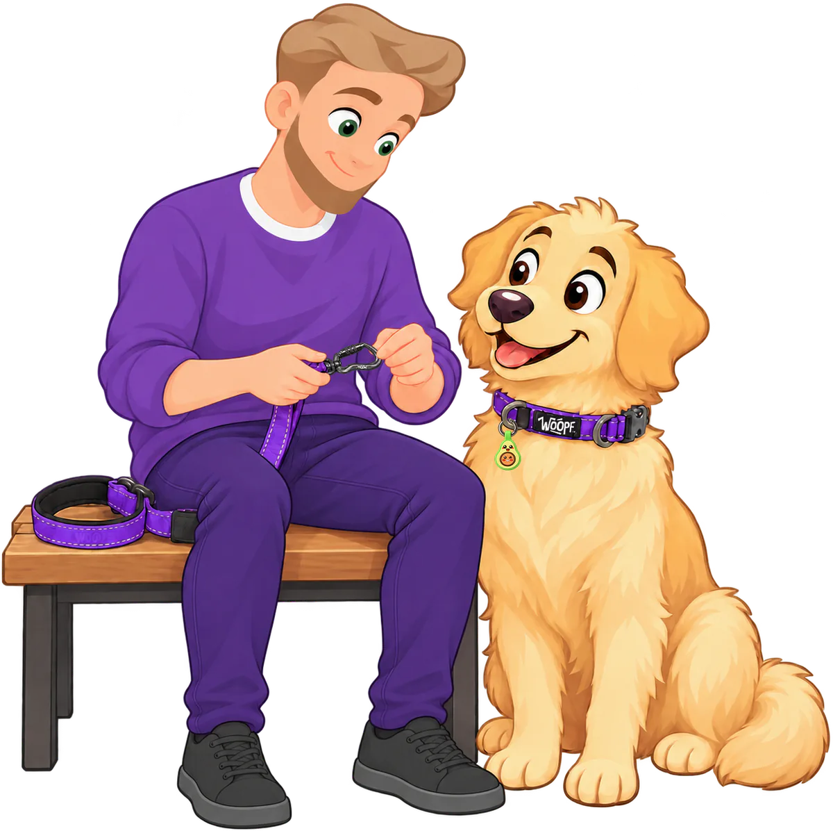 Illustrated man on a bench holding the locking clip of a purple Explorer Adjustable Leash, its padded handle on the bench beside him, and a smiling golden retriever in a purple Explorer Collar with an avocado-shaped tag