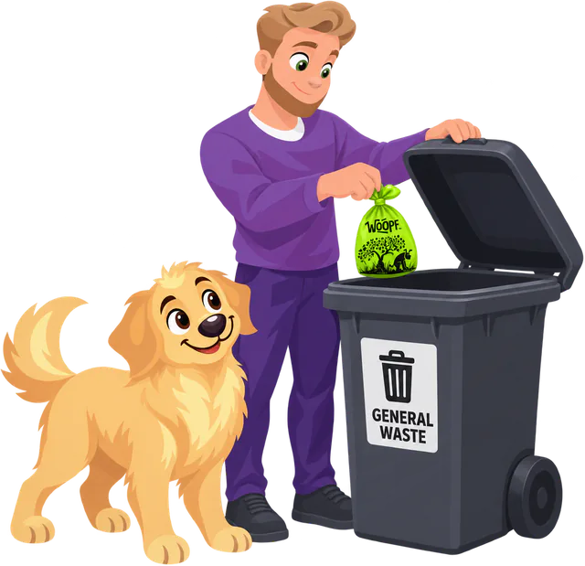 A man in a purple jumper drops a tied green WOOPF™ compostable poo bag into a general waste bin while a golden retriever watches.