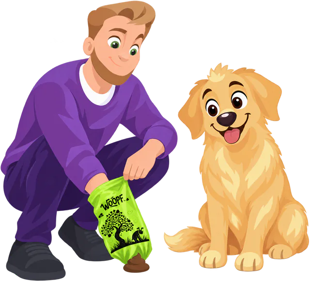 A man in a purple jumper crouches beside a golden retriever and picks up a poo with his hand inside a green WOOPF™ compostable poo bag.