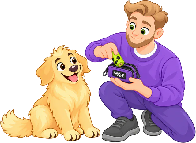 A man in a purple jumper crouches beside a golden retriever and loads a green roll of compostable poo bags into a purple WOOPF™ pouch.
