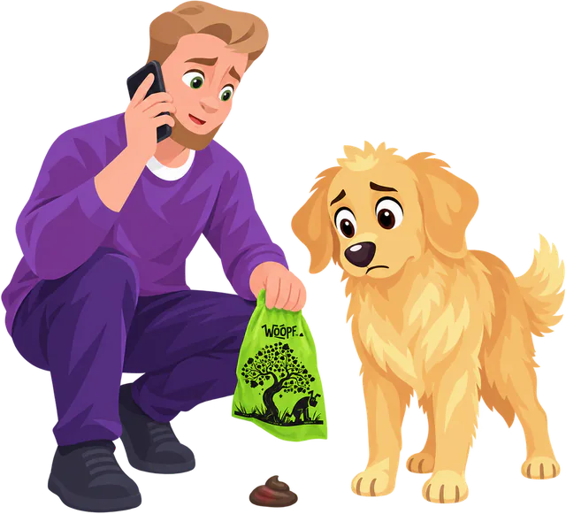 A man in a purple jumper crouches over a poo with blood in it, phone to his ear and an open green bag in his hand, while a worried golden retriever looks on.