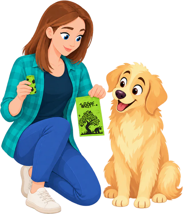 A woman kneeling beside a golden retriever holds a green roll in one hand and a green WOOPF™ compostable poo bag torn off it in the other.