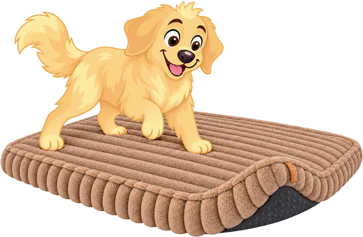 Illustrated golden retriever puppy stepping onto a brown Furry Corduroy Sleeping Mat, one corner turned up to show the rubber-dot base