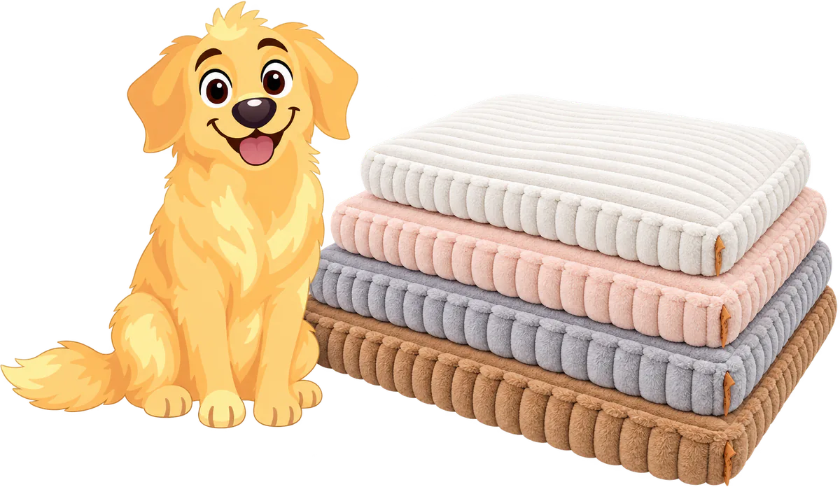 Illustrated golden retriever sitting beside four Furry Corduroy Sleeping Mats stacked in White, Pale pink, Grey and Brown