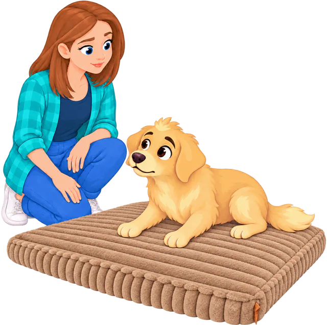 Illustrated woman kneeling beside a golden retriever lying on a brown Furry Corduroy Sleeping Mat, watching how it moves