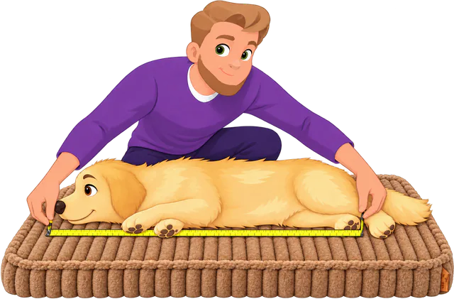 Illustrated man measuring a golden retriever lying stretched out on a brown Furry Corduroy Sleeping Mat, nose to the base of the tail
