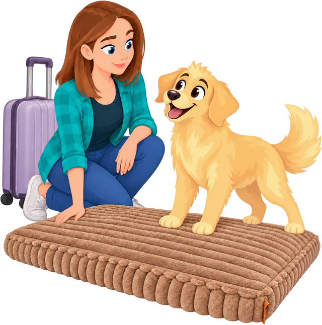 Illustrated woman with a suitcase kneeling beside a golden retriever standing on a brown Furry Corduroy Sleeping Mat