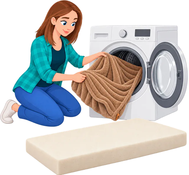 Illustrated woman putting a brown mat cover into a washing machine, the foam left out on the floor