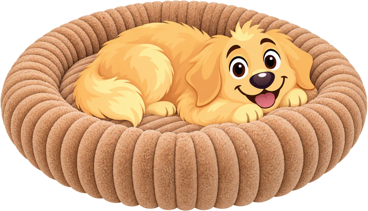 Illustrated golden retriever puppy lying curled in a brown corduroy WOOPF™ Furry Corduroy Round Bed, its chin on the ribbed bolster ring