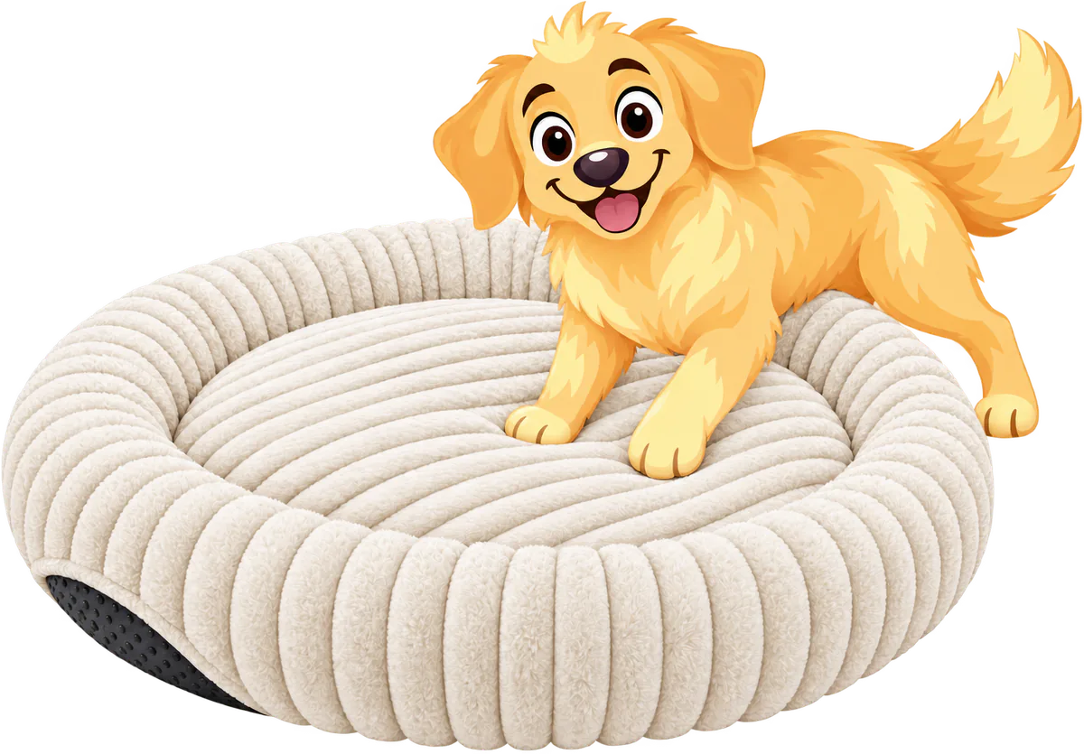 Illustrated golden retriever puppy stepping into a white corduroy WOOPF™ Furry Corduroy Round Bed, the dark rubber-dot base showing at its edge