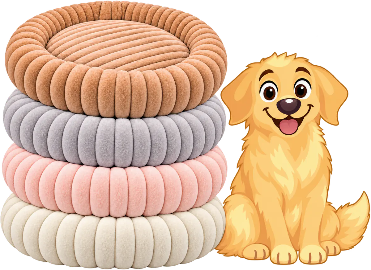 Illustrated golden retriever puppy sitting beside four stacked WOOPF™ Furry Corduroy Round Beds, in brown, grey, pale pink and white