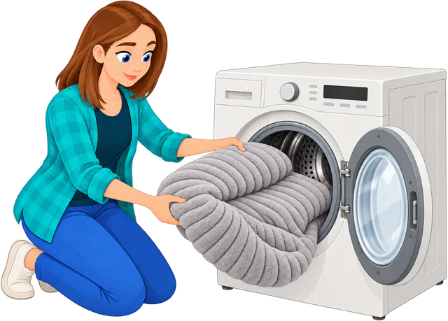 Illustrated woman kneeling to load the grey corduroy cover of a WOOPF™ Furry Corduroy Round Bed into a front-loading washing machine