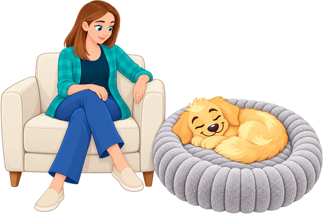 Illustrated golden retriever puppy asleep in a grey corduroy WOOPF™ Furry Corduroy Round Bed beside an armchair where a woman sits