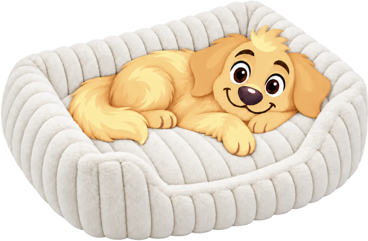 Illustrated puppy lying in a white WOOPF™ Furry Corduroy Open Front Rectangle Bed, corduroy outside and fur inside