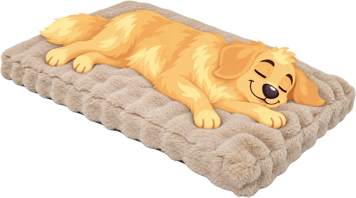 Illustrated golden retriever asleep stretched out on its side on a cream WOOPF™ Furry Curves Sleeping Mat, its quilted fur top in soft rounded bumps