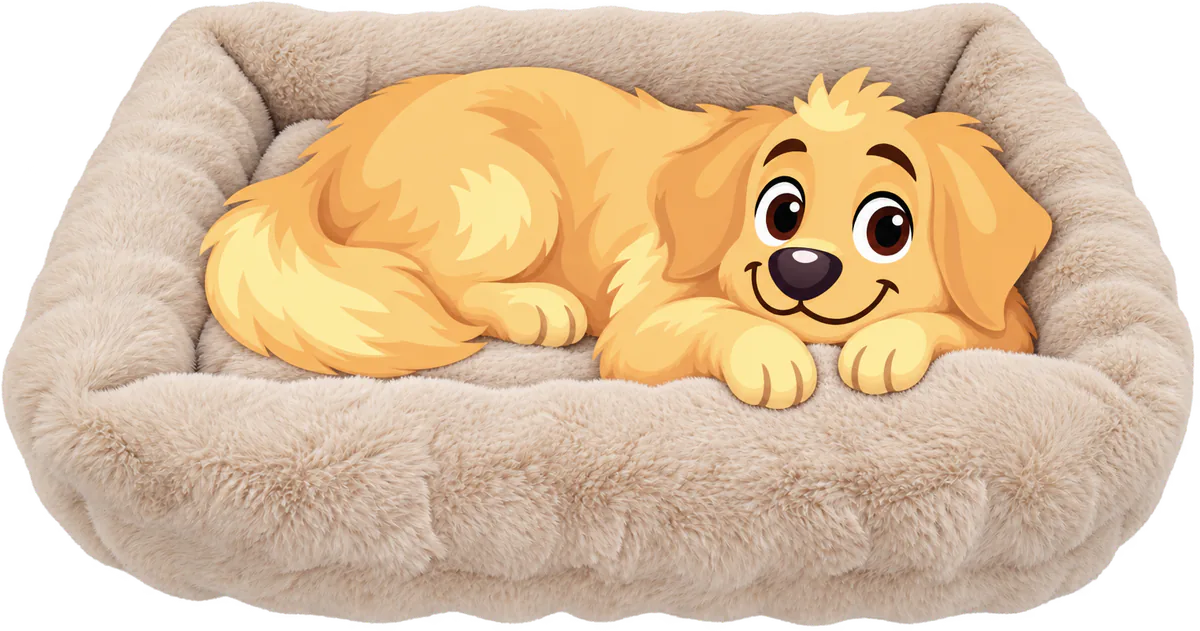Illustrated golden retriever lying in a cream WOOPF™ Furry Curves Rectangle Bed, its chin and front paws resting on the low fur rim