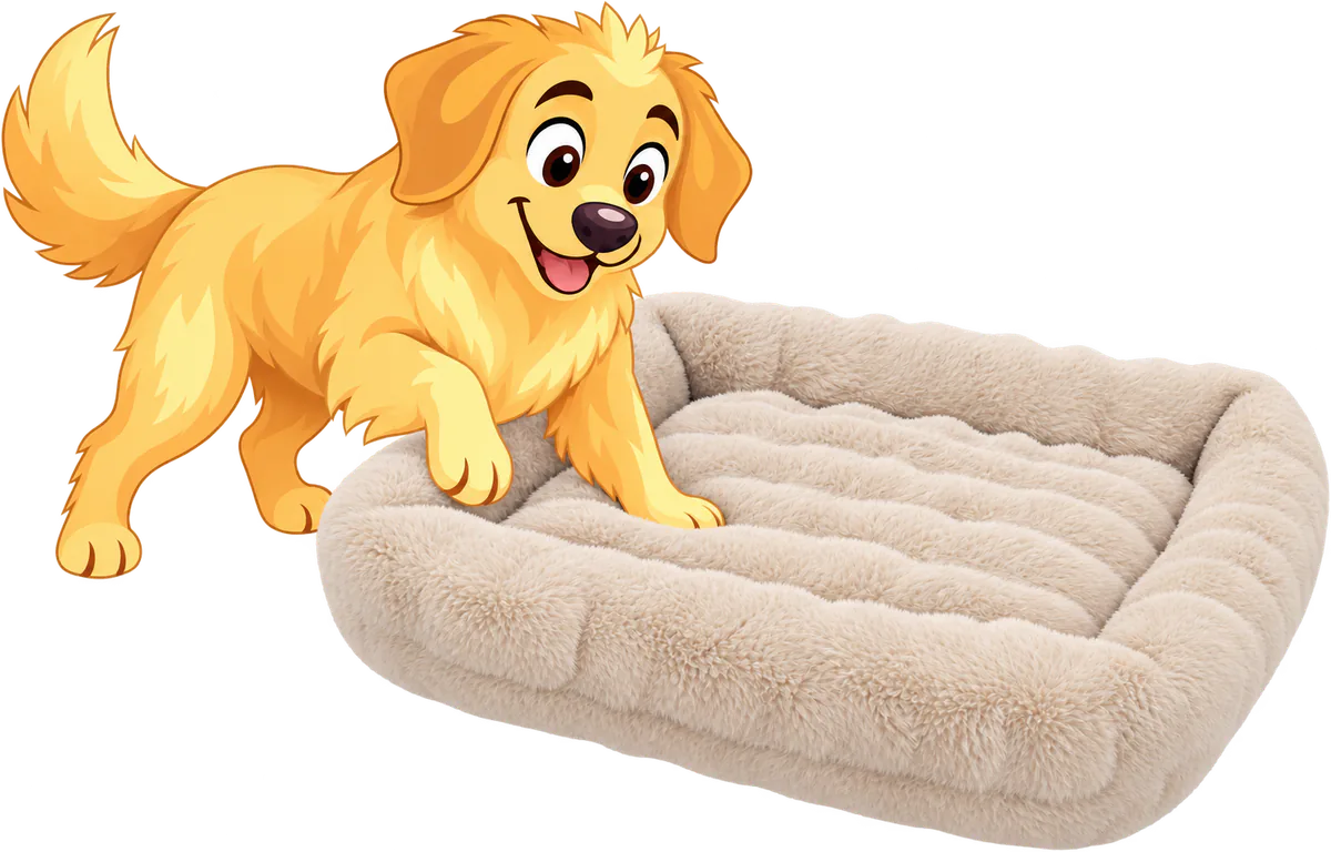 Illustrated golden retriever stepping into a cream WOOPF™ Furry Curves Rectangle Bed, one front paw on the low rim