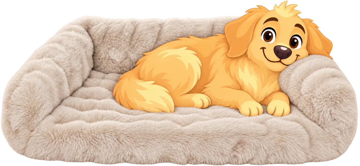 Illustrated golden retriever puppy lying in a cream WOOPF™ Furry Curves Open Front Rectangle Bed with its chin on a fur bolster, the front lower than the three bolsters