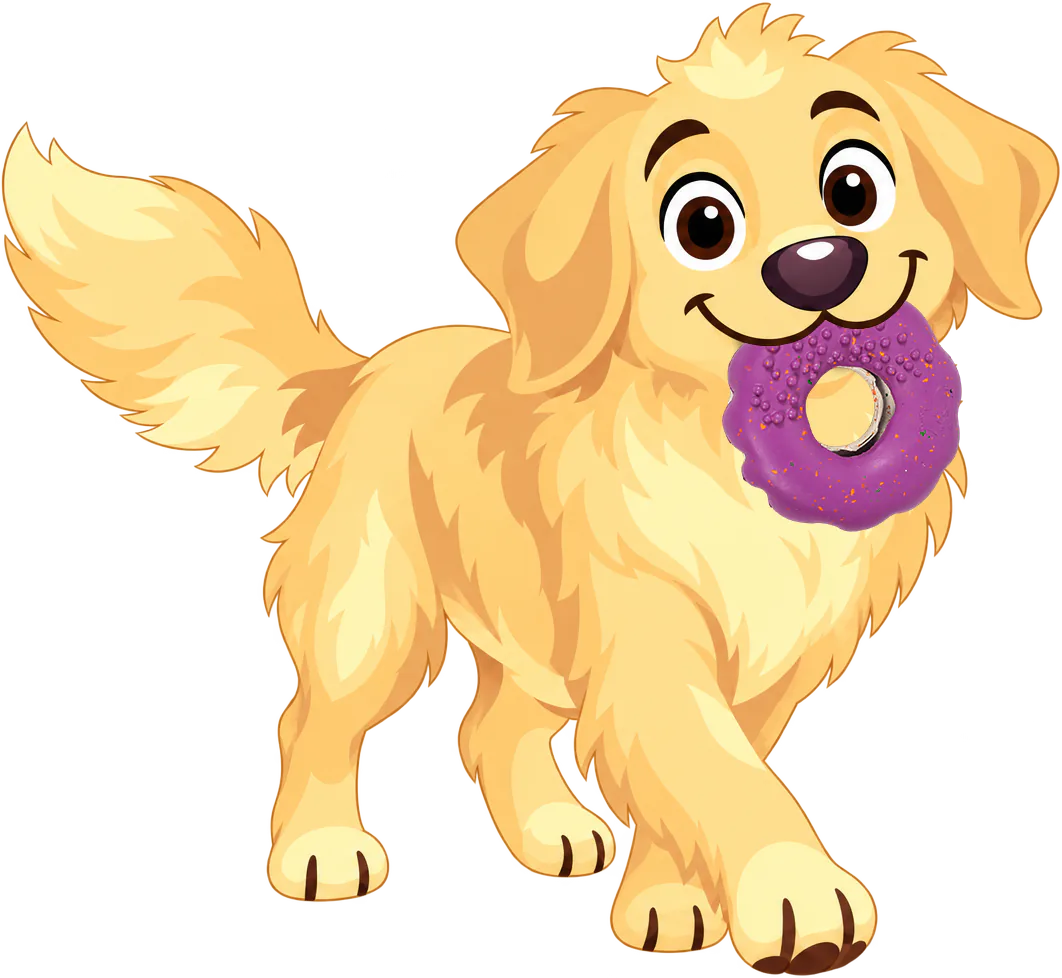 A golden retriever trots along with a purple Chewster Donut in its mouth.