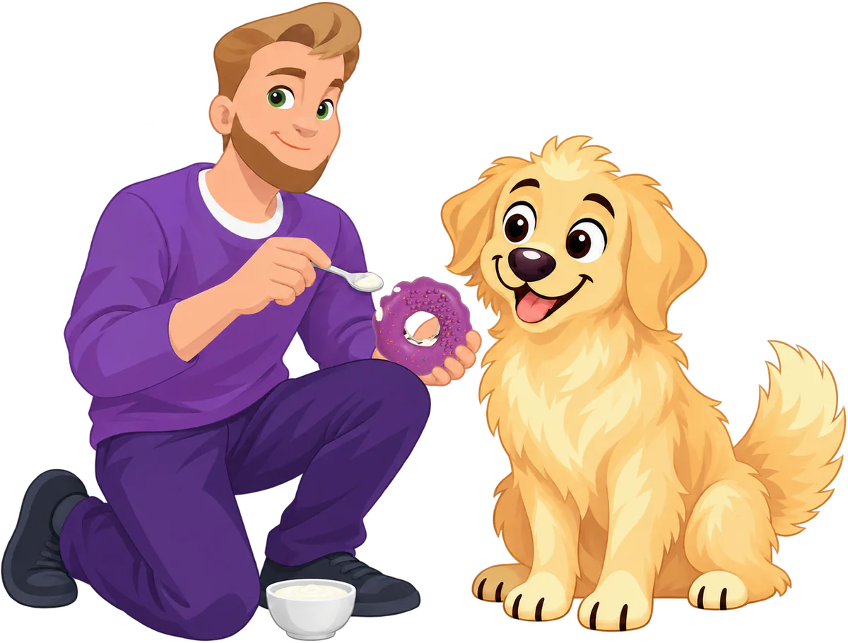 A man in a purple jumper kneels beside a golden retriever and spoons yoghurt around the centre of a purple Chewster Donut.