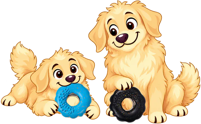 A golden retriever puppy holds a blue Chewster Donut while an older golden retriever rests a paw on a black one.