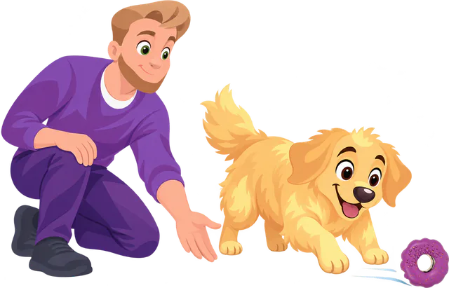A man in a purple jumper crouches and rolls a purple Chewster Donut along the ground as a golden retriever chases it.