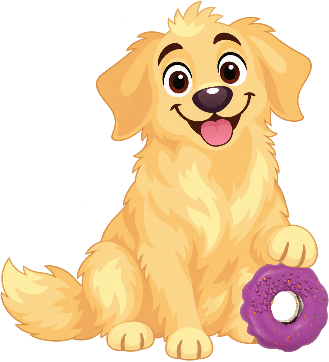 A golden retriever puppy sits with one paw resting on a purple Chewster Donut.
