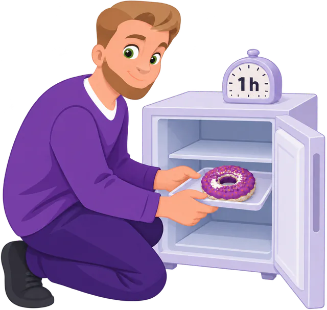 A man in a purple jumper slides a purple Chewster Donut on a tray into a small freezer, a timer reading 1 h on top.