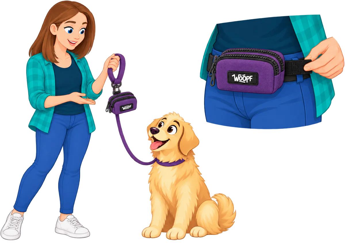 Illustrated woman walking a golden retriever with the Purple Explorer Dual Pocket Pouch clipped to the lead handle, and the pouch strapped round a waist