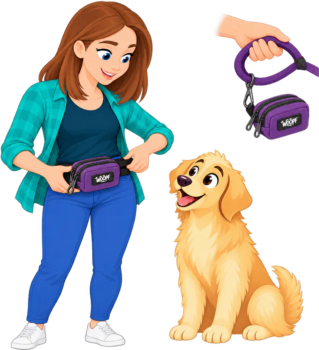 Illustrated woman strapping the Purple Explorer Dual Pocket Pouch round her waist, the pouch clipped to a lead handle beside her and a golden retriever watching