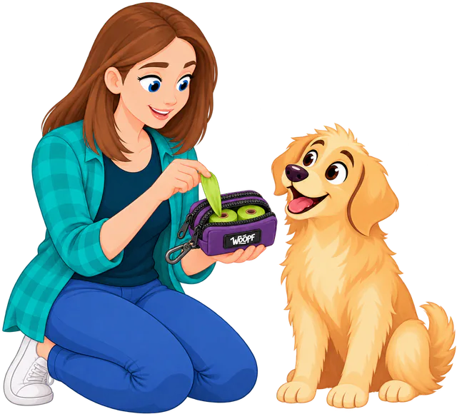 Illustrated woman threading the first bag through the rubber outlet of the Purple Explorer Dual Pocket Pouch, two bag rolls in its front pocket and a golden retriever watching