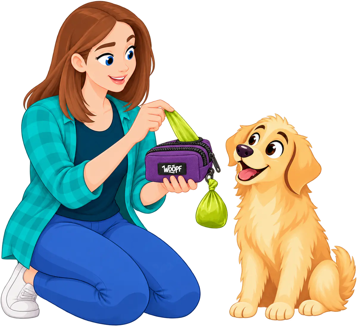 Illustrated woman pulling one bag out of the Purple Explorer Dual Pocket Pouch, a tied bag hanging on its side hook and a golden retriever watching