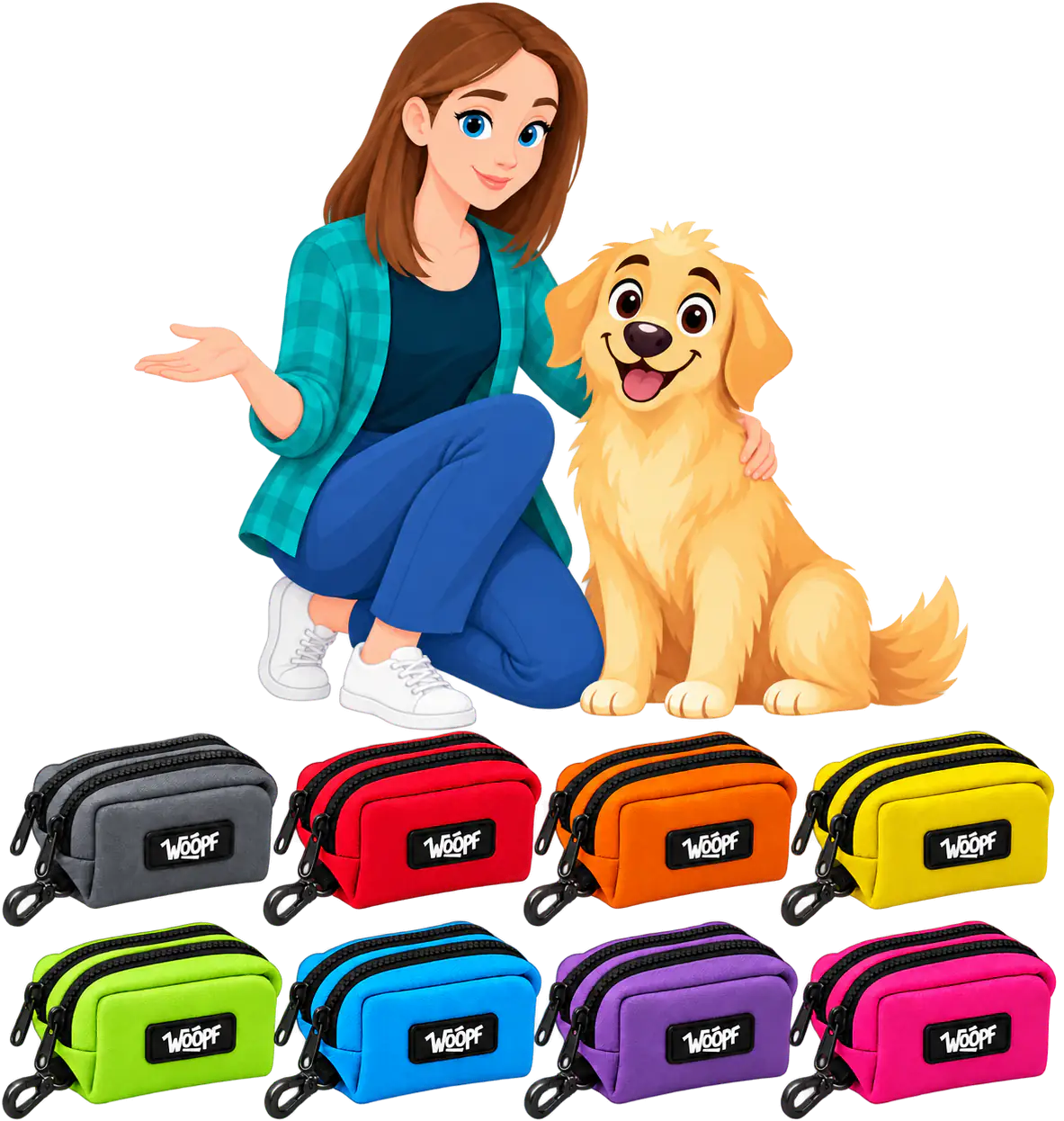 Illustrated woman kneeling beside a golden retriever, above the Explorer Dual Pocket Pouch in its eight colours: grey, red, orange, yellow, green, blue, purple and pink